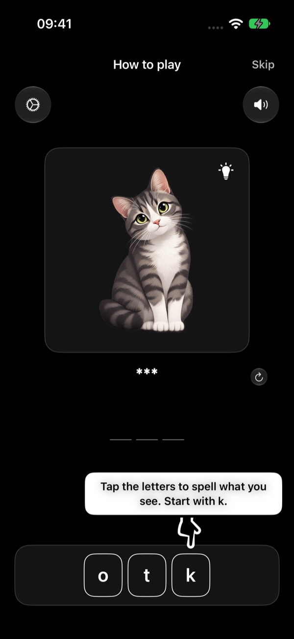 The LearnScrumble game screen: a picture of a cat, empty answer slots and the letters k, o, t to tap.