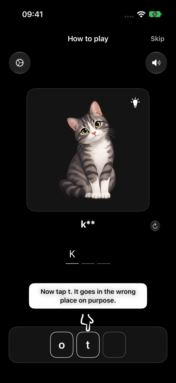 K is placed in the answer. The pointer is on the t tile with the tip: Now tap t. It goes in the wrong place on purpose.