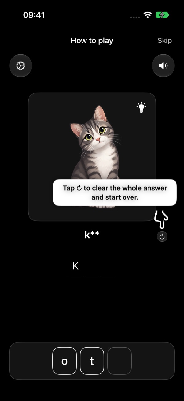 The pointer is on the round arrow button next to the answer, with the tip: Tap the arrow to clear the whole answer and start over.