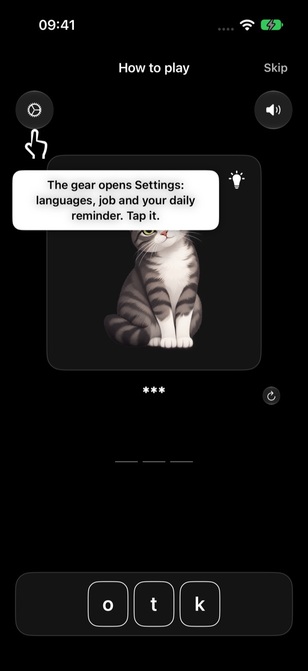 The pointer is on the gear button at the top left, with the tip: The gear opens Settings: languages, job and your daily reminder.