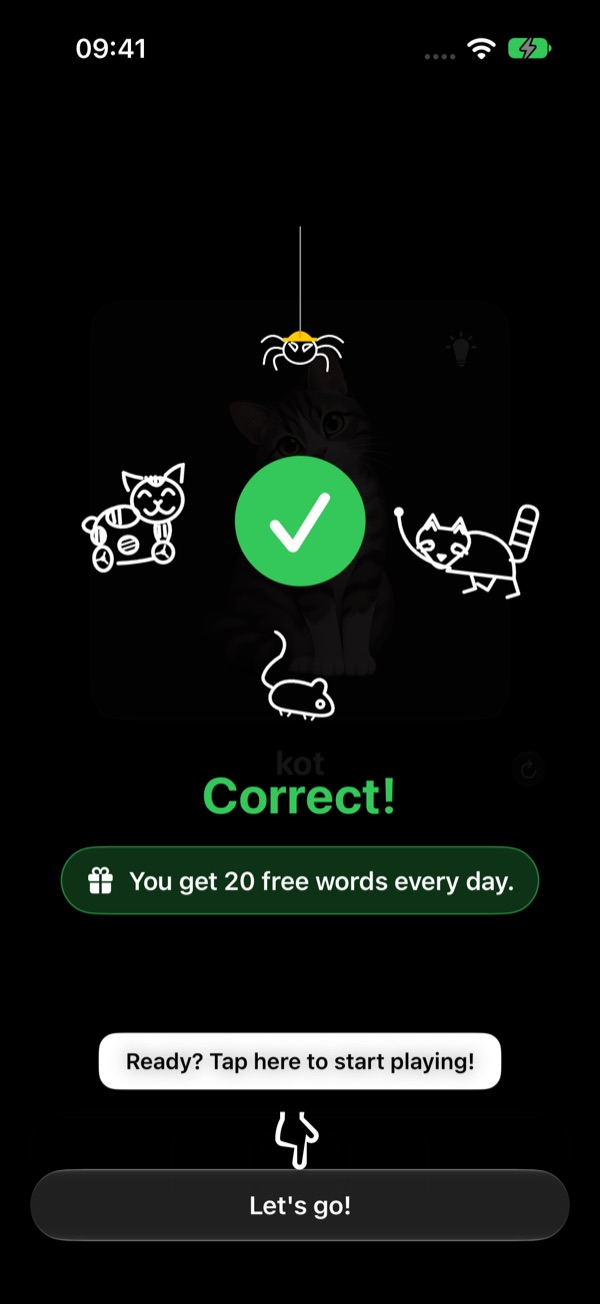 The Correct! screen with celebrating animals, the note: You get 20 free words every day, and a Let's go! button.